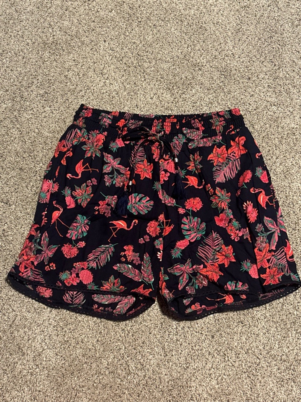 Blue Rain Navy Tropical Floral Shorts with Coral Flamingo Accents